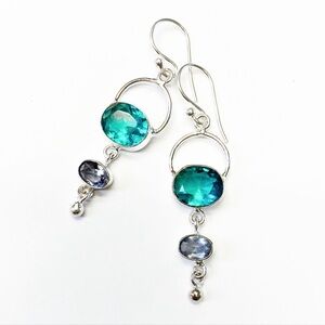 Genuine Gemstone Dangle Earrings in Teal and Light Purple